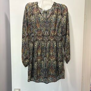 Boho Paisley Print Women's Rose + Olive mini shift dress Sz Md